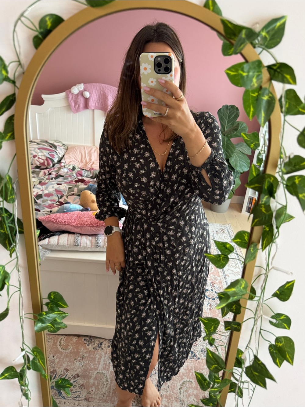 H&M Black Floral Wrap Midi Dress